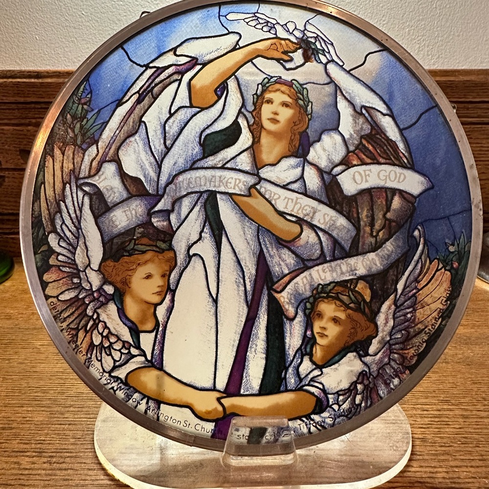 Vintage enamel over glass window hanging of famous Tiffanyβs window. Gorgeous!